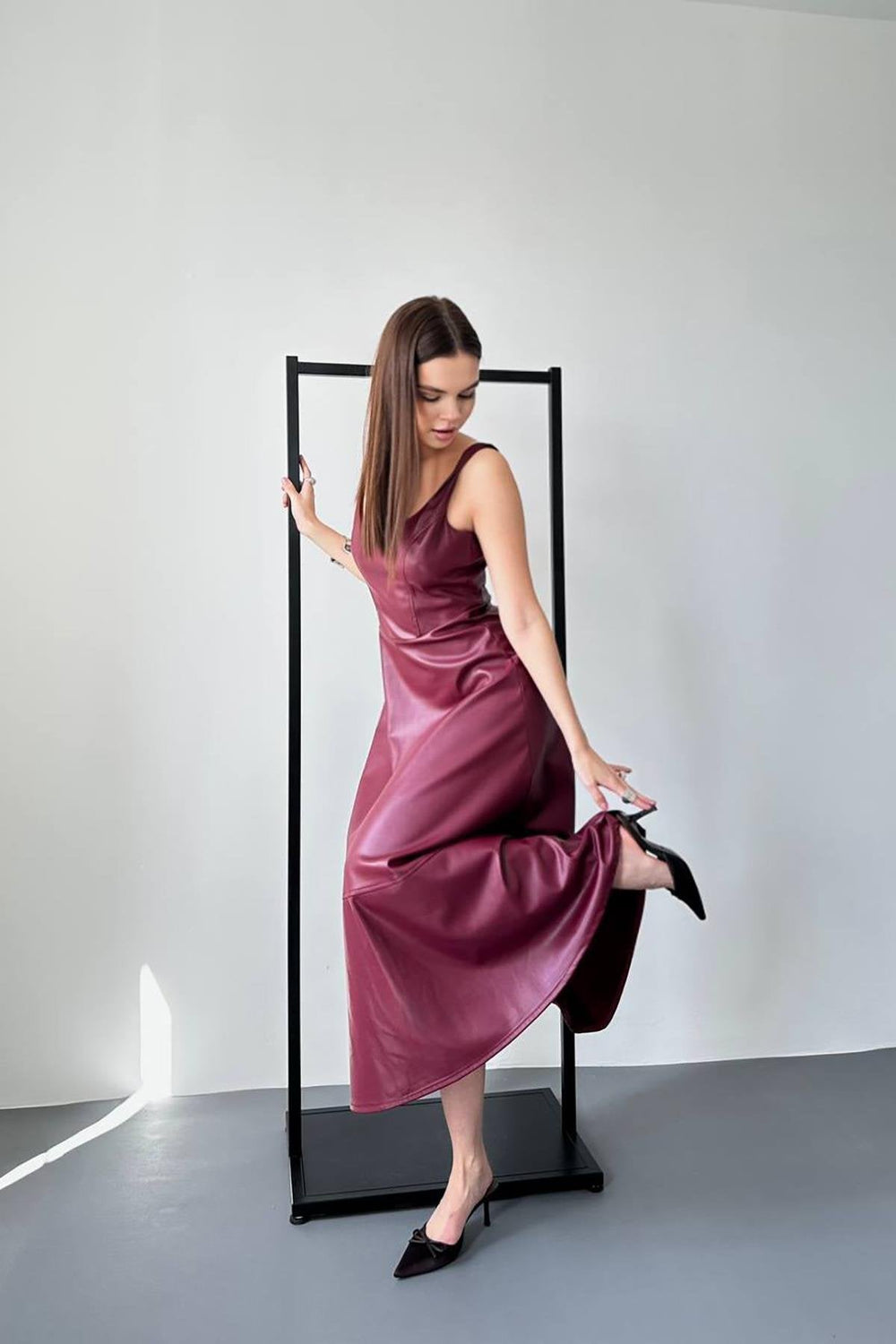 Toptan Bordo Askılı Deri Elbise Bordo L