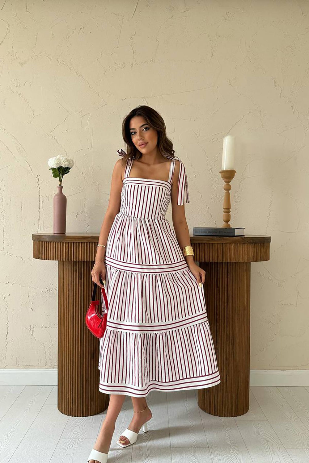 Toptan Bordo Omuzdan Bağlamalı Çizgili Elbise Bordo L