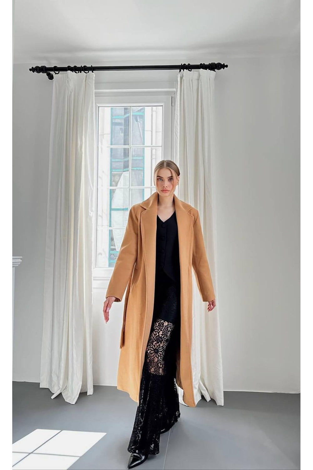 Toptan Camel Kuşaklı Midi Kaban Camel L