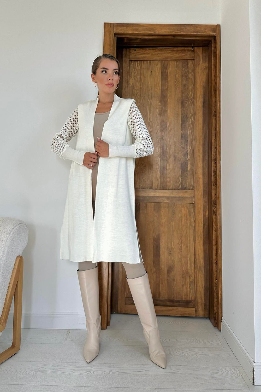 Toptan Ekru Kolları Örgülü Triko Hırka Ekru STD