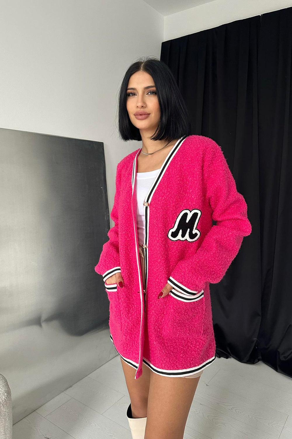 Toptan Fuşya Şeritli Bukle Hırka Fuşya L