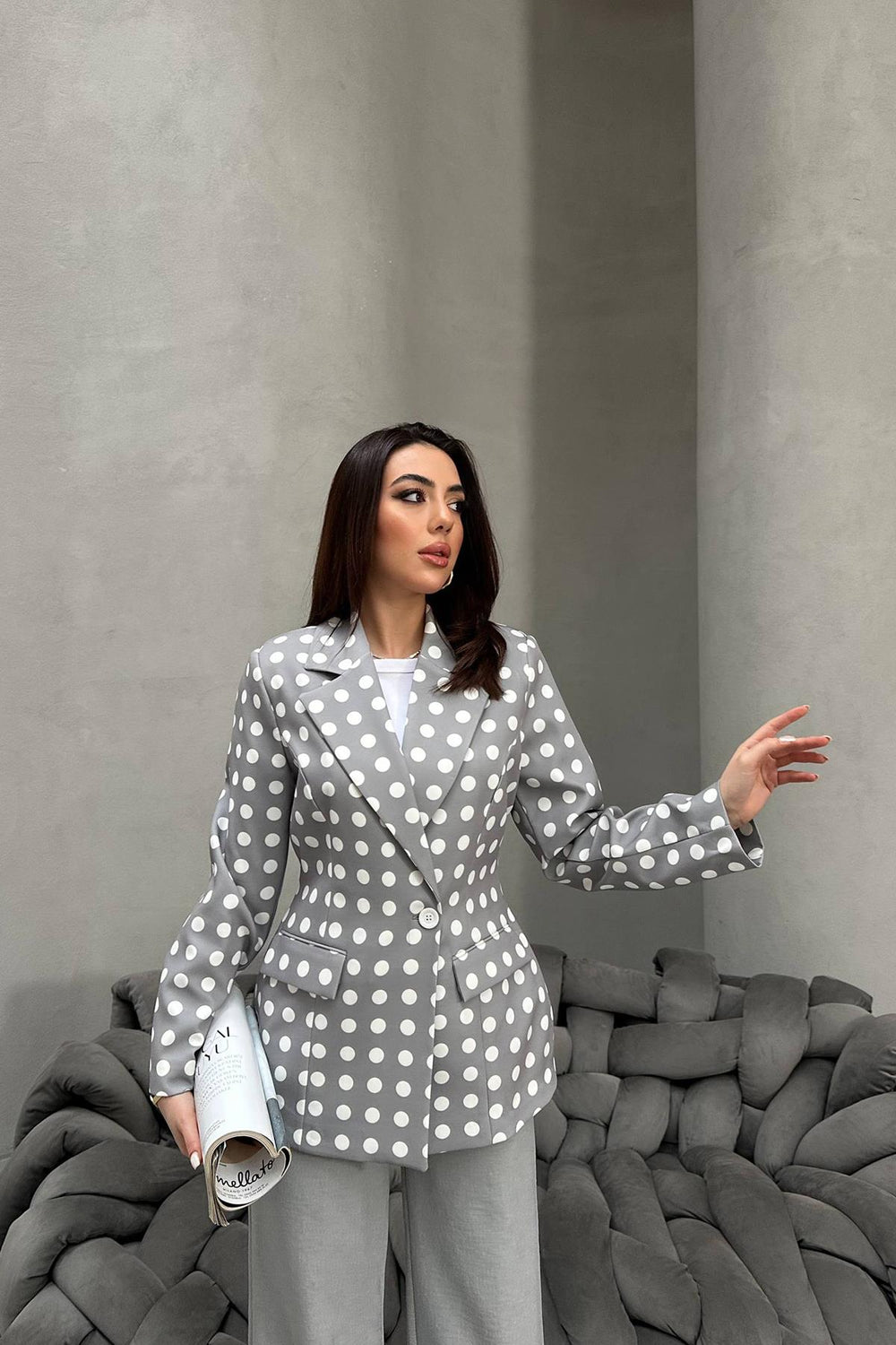 Toptan Gri Puantiyeli Blazer Ceket Gri L