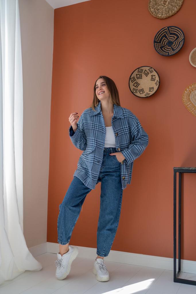 Toptan İndigo Düğmeli Ekoseli Kaban İndigo M