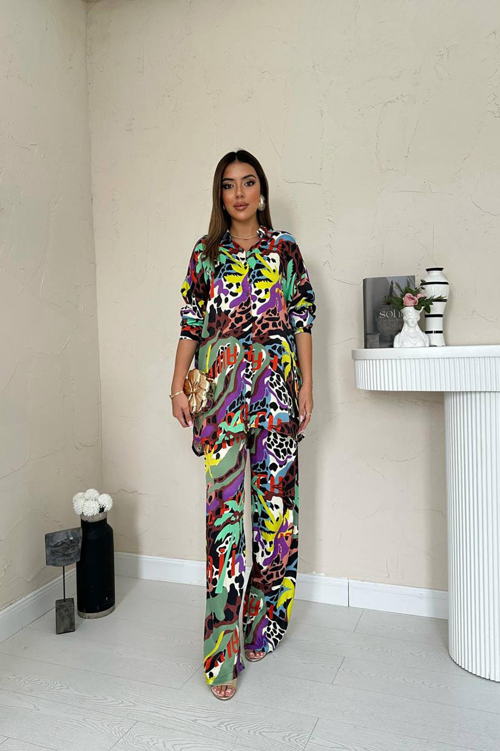 Toptan Kahverengi Dijital Desenli Gömlek Ve Pantolon Takım Kahve L