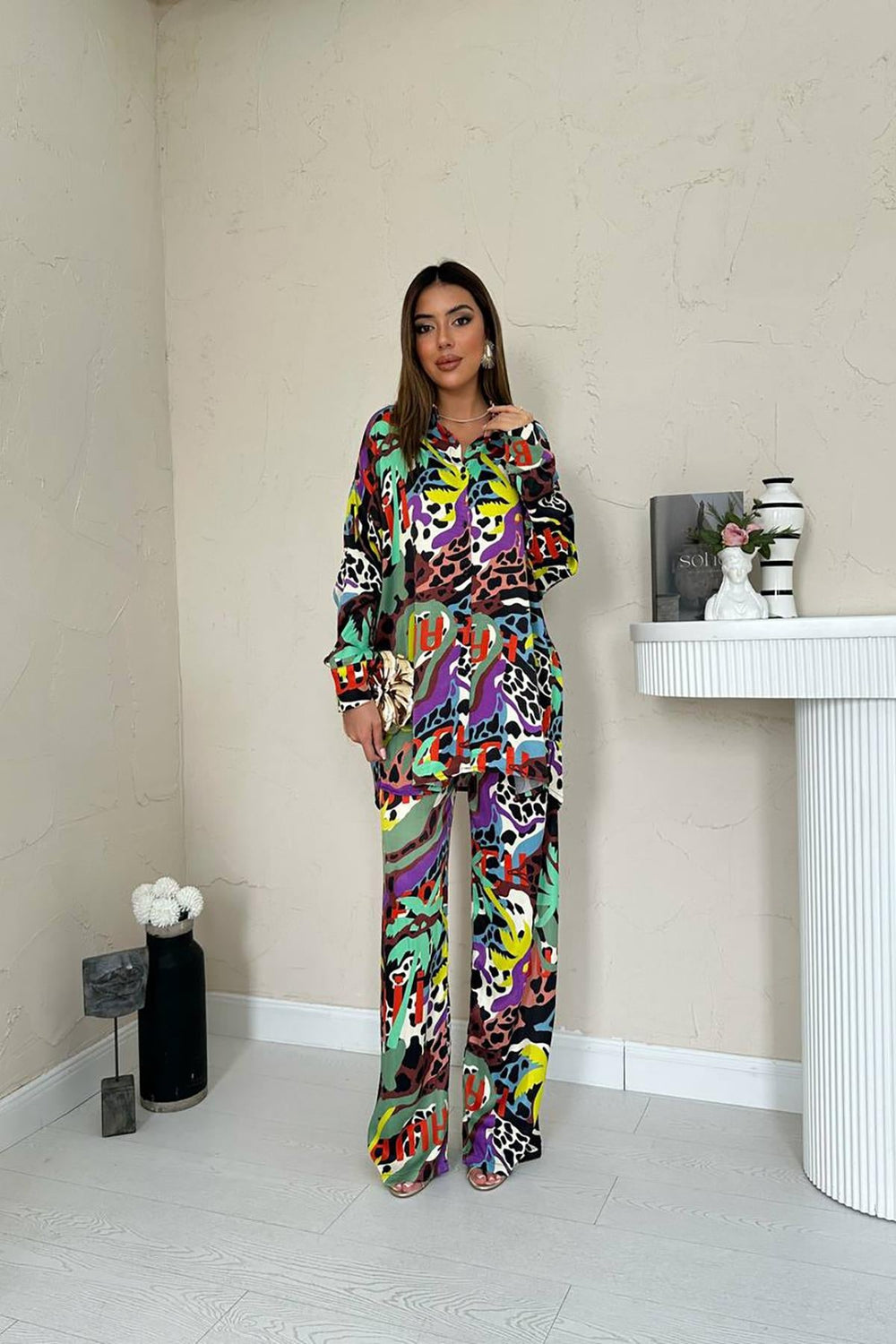 Toptan Kahverengi Dijital Desenli Gömlek Ve Pantolon Takım Kahve L