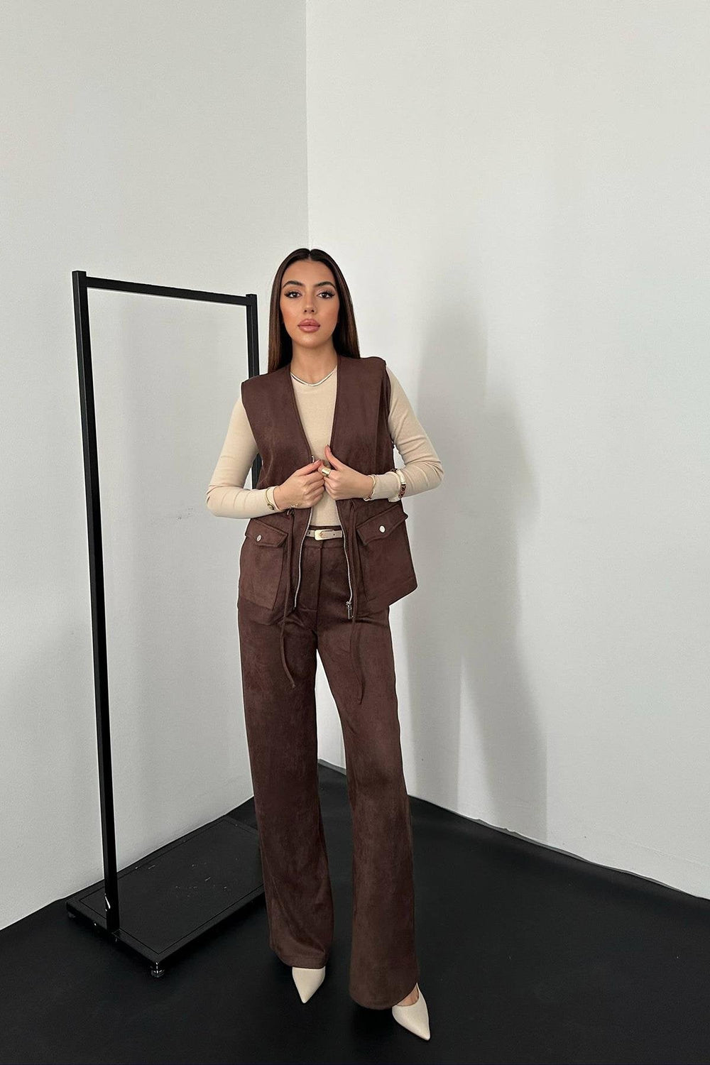 Toptan Kahverengi Süet Yelek Pantolon Takım Kahverengi L