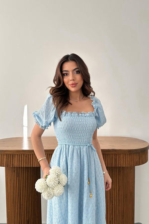 Toptan Mavi Gipeli Brode Elbise