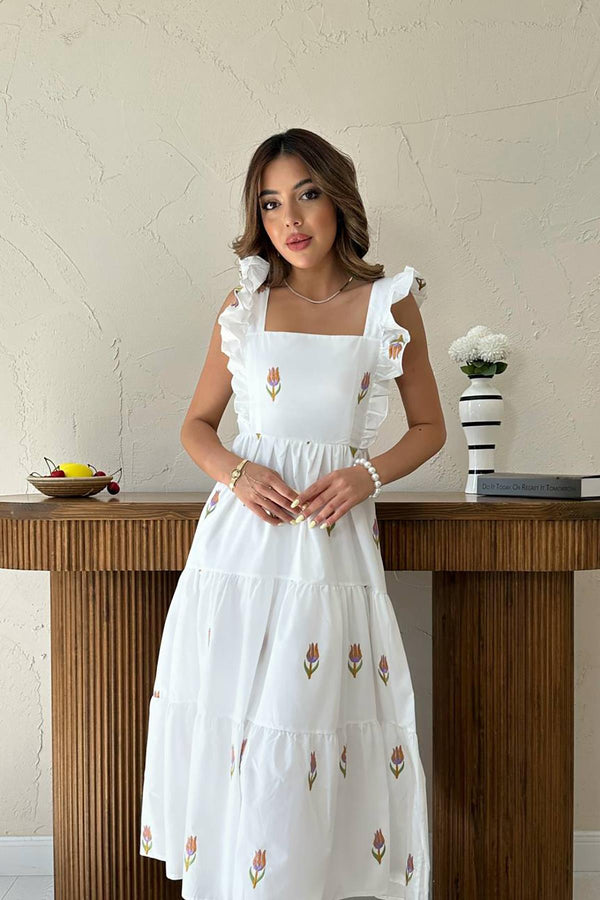 Toptan Oranj Sıfır Kol Fırfırlı Elbise