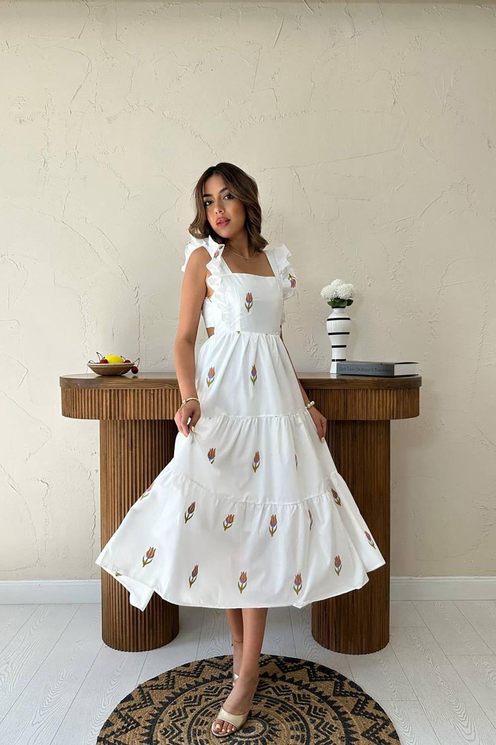 Toptan Oranj Sıfır Kol Fırfırlı Elbise Oranj L