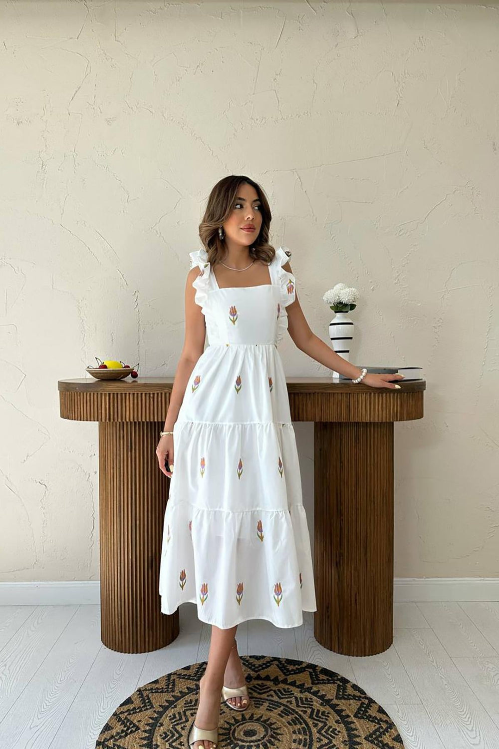 Toptan Oranj Sıfır Kol Fırfırlı Elbise Oranj L