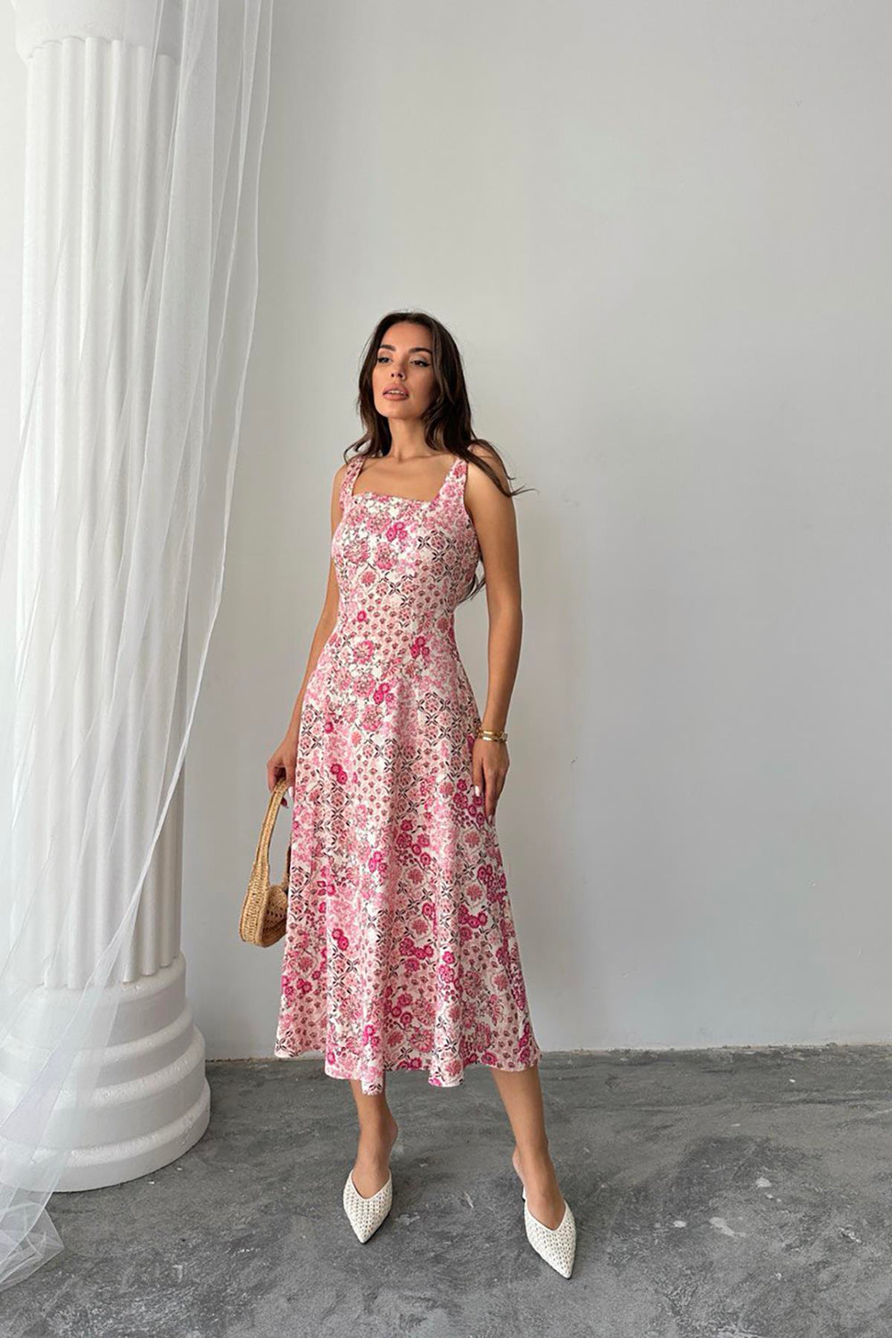 Toptan Pembe Çiçekli Viskon Elbise Pembe L