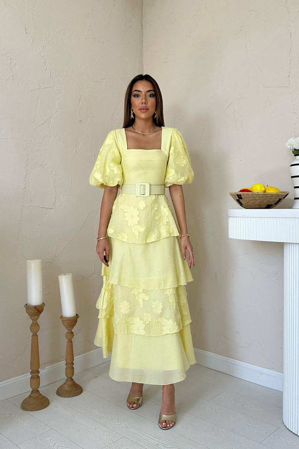 Toptan Sarı Balon Kollu Kat Kat Elbise Sarı L