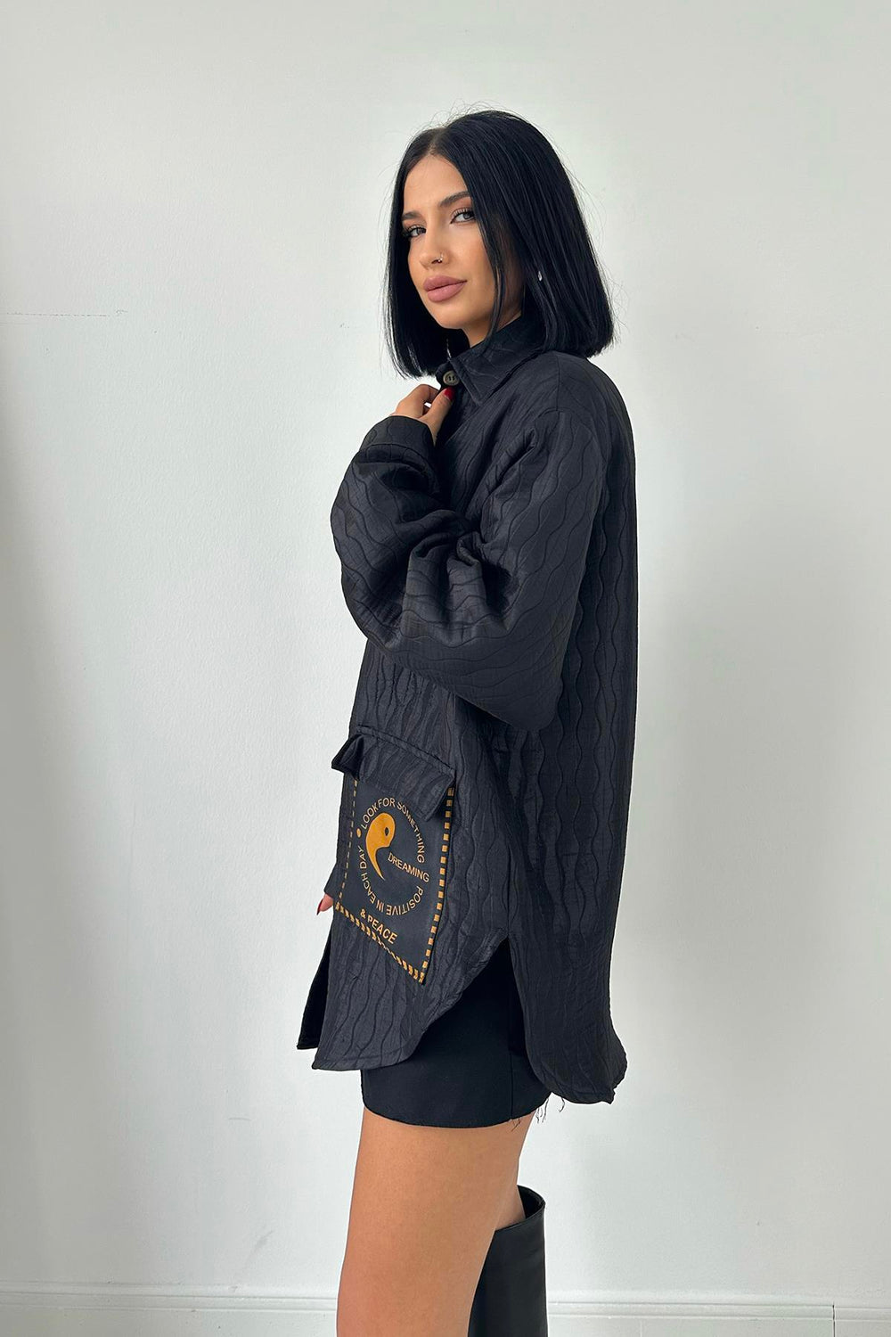 Toptan Siyah Cepli Kapitone Gömlek Siyah STD