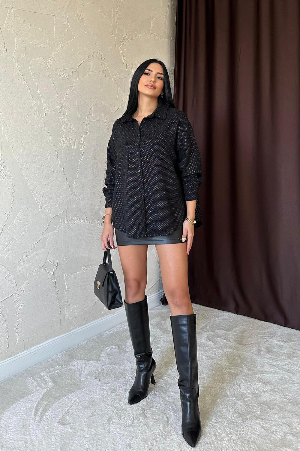 Toptan Siyah Işıltılı Gömlek Siyah L