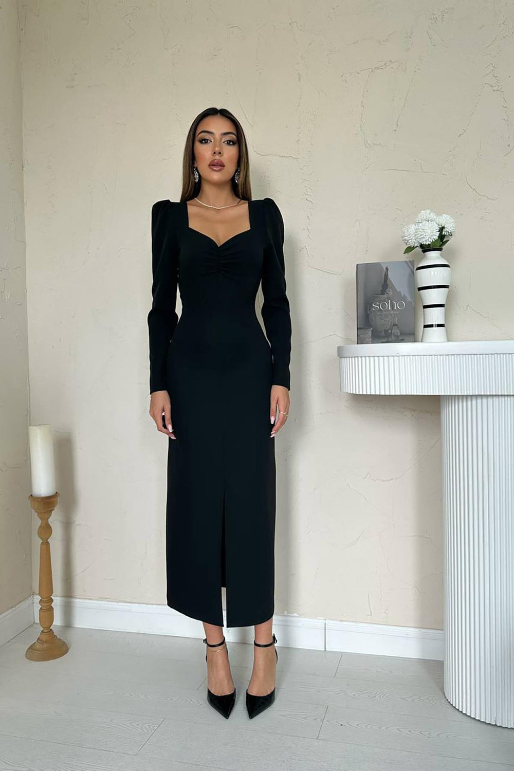 Toptan Siyah Karpuz Kollu Atlas Elbise Siyah L