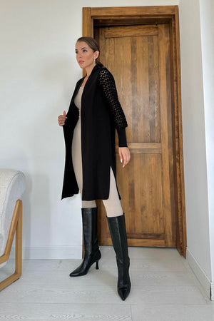 Toptan Siyah Kolları Örgülü Triko Hırka