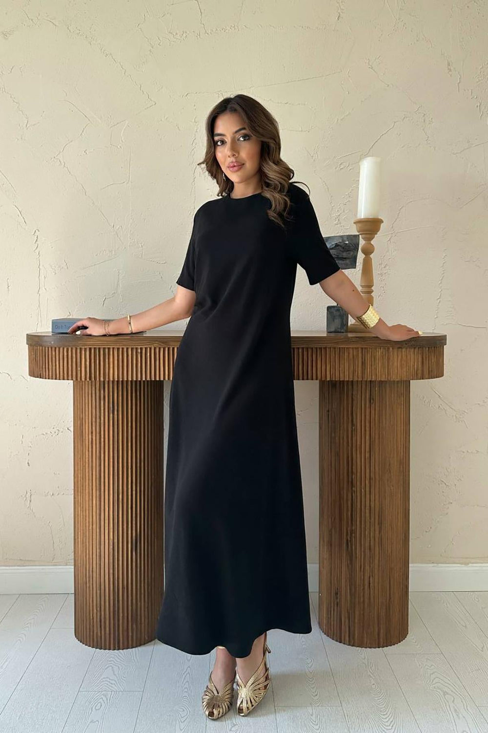 Toptan Siyah Pileli Bisiklet Yaka Elbise Siyah L