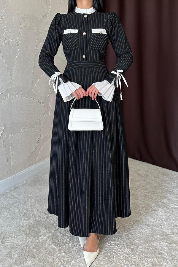 Toptan Siyah Pilise Detaylı Elbise