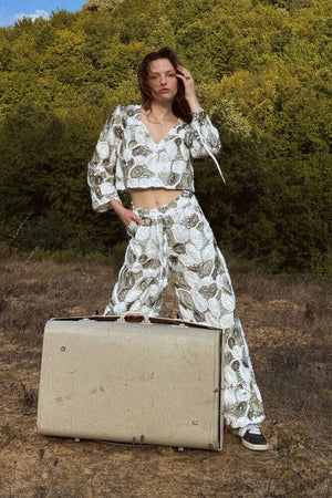 Topshow Toptan V Yaka Desenli Uzun Kollu Bluz - Haki | F1965