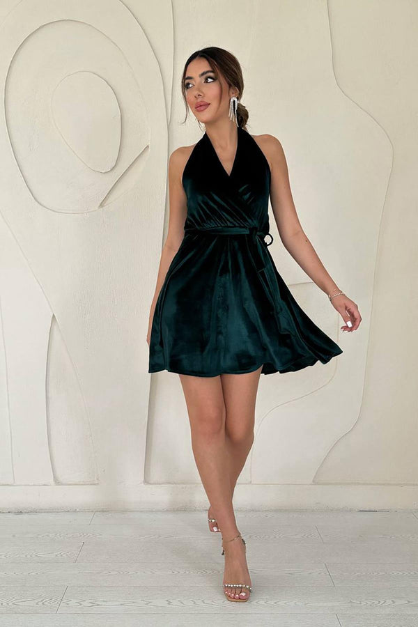 Toptan Zümrüt Boyundan Geçmeli Elbise