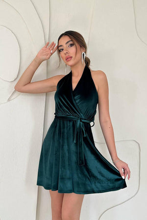 Toptan Zümrüt Boyundan Geçmeli Elbise