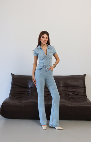Gömlek Yaka Ön Fermuar Detaylı Light Blue Denim Tulum