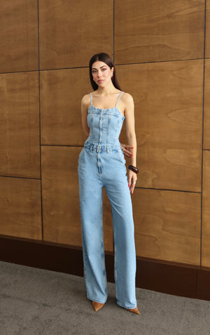 İp Askılı Sırt Gipe Detaylı Light Blue Jean Tulum
