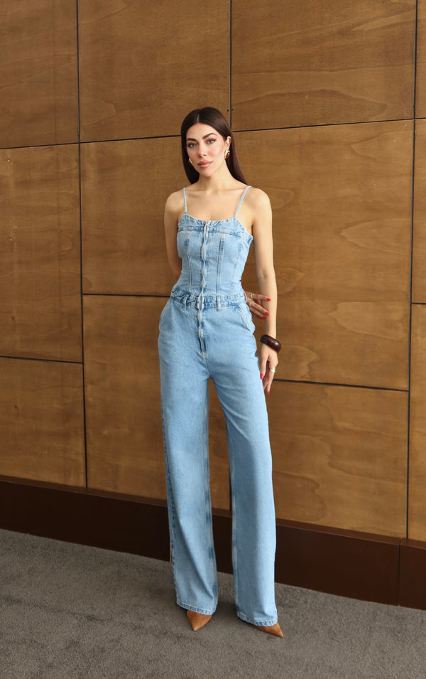 İp Askılı Sırt Gipe Detaylı Light Blue Jean Tulum