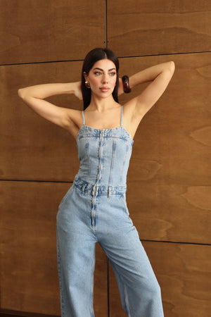 İp Askılı Sırt Gipe Detaylı Light Blue Jean Tulum