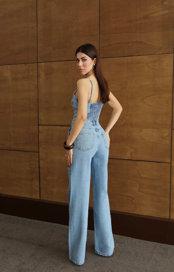 İp Askılı Sırt Gipe Detaylı Light Blue Jean Tulum