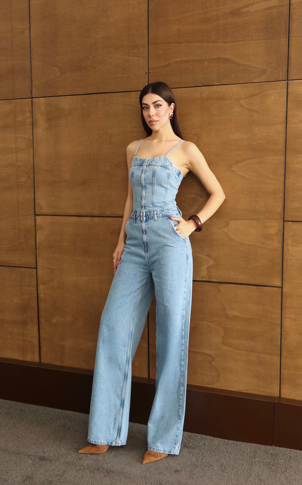 İp Askılı Sırt Gipe Detaylı Light Blue Jean Tulum