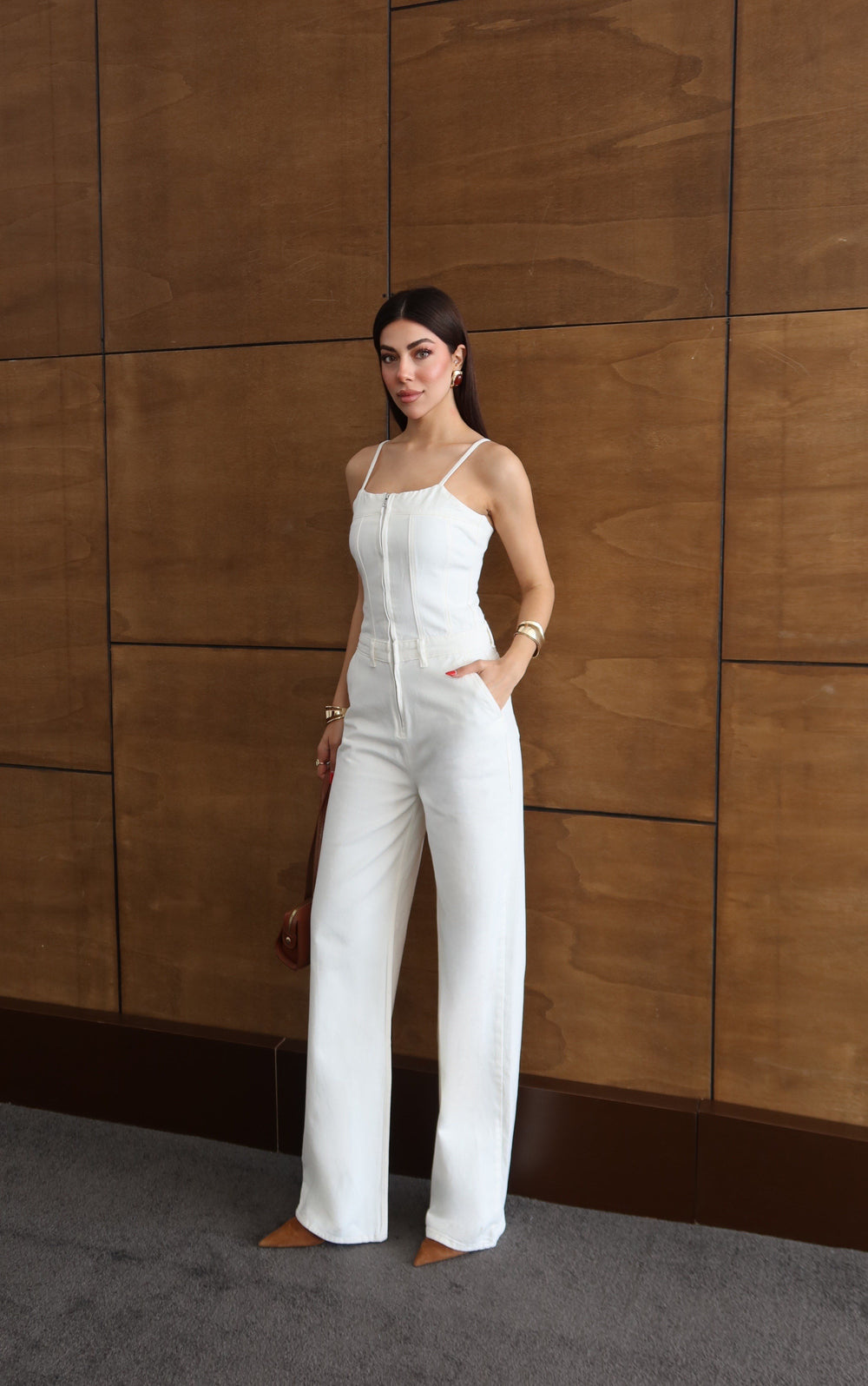 İp Askılı Sırt Gipe Detaylı Ekru Jean Tulum