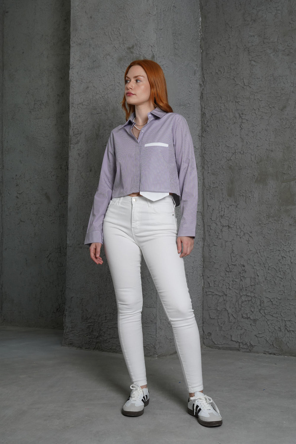 Uzun Cepli Çizgili Mor Toptan Gömlek Mor S