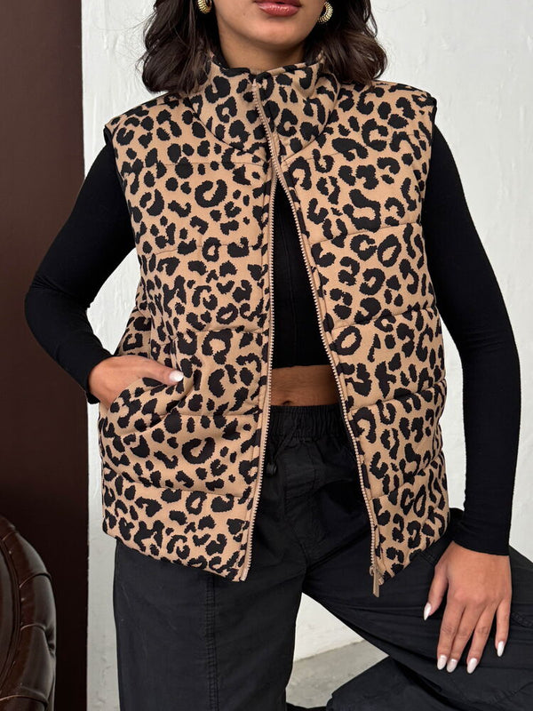 Topshow Vizon Siyah Leopar Desenli Kapitone Yelek | F1785