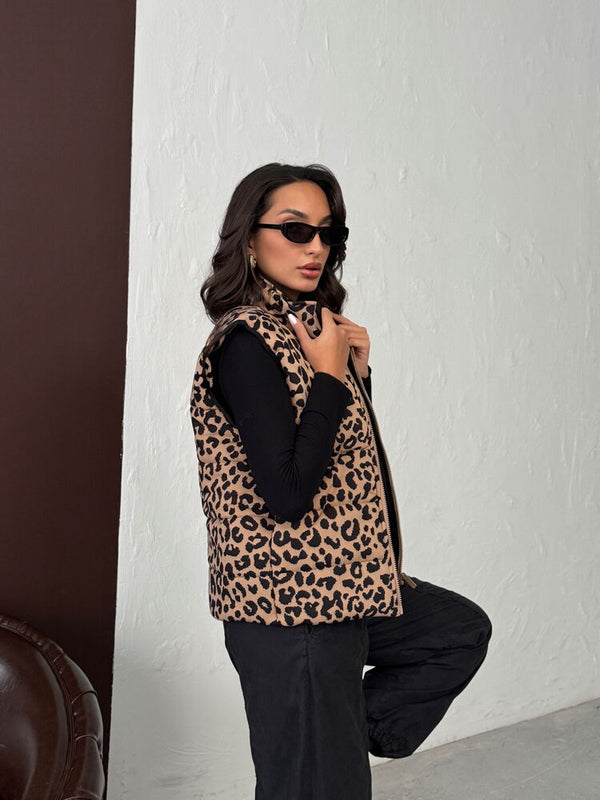 Topshow Vizon Siyah Leopar Desenli Kapitone Yelek | F1785