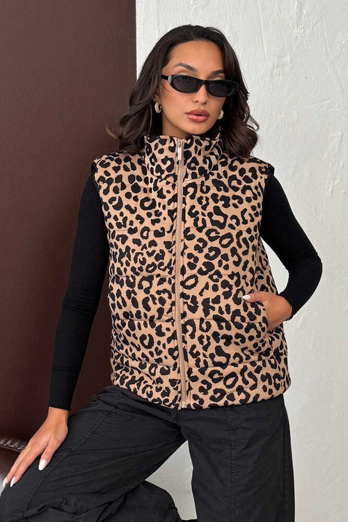 Topshow Vizon Siyah Leopar Desenli Kapitone Yelek | F1785
