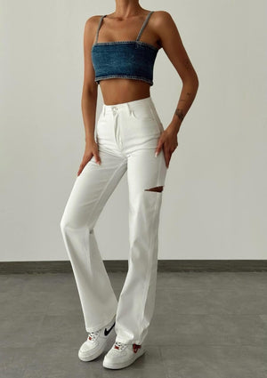 Yüksek Bel Kesik Detay Krem Wide Leg Jean Pantolon