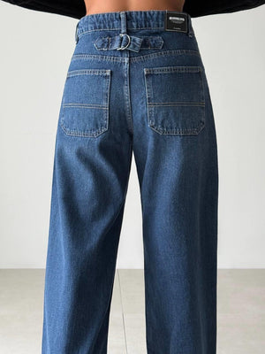 Yüksek Bel Bol Paça Dark Blue Wide Leg Jean Pantolon