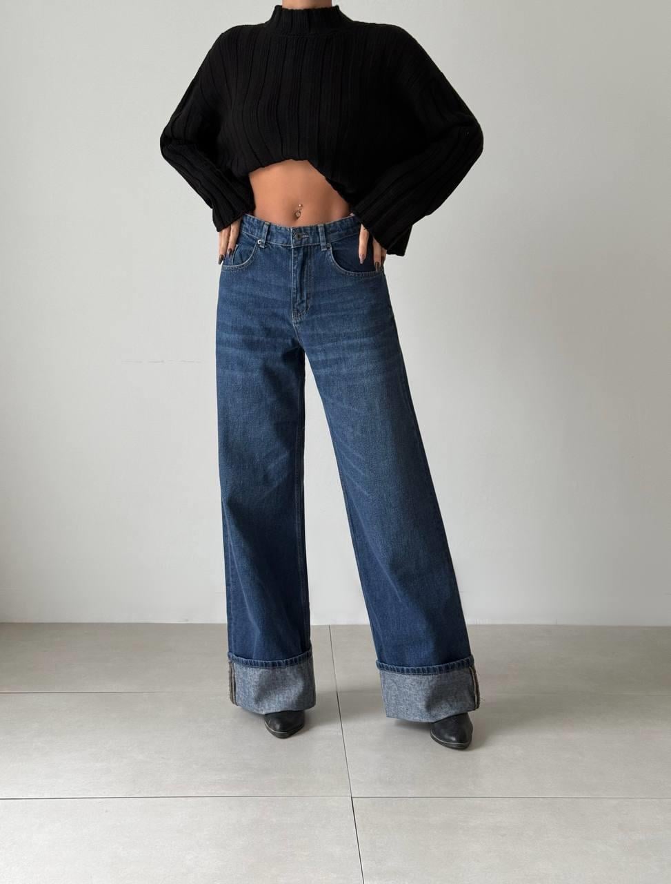 Yüksek Bel Bol Paça Dark Blue Wide Leg Jean Pantolon
