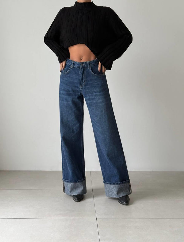 Yüksek Bel Bol Paça Dark Blue Wide Leg Jean Pantolon