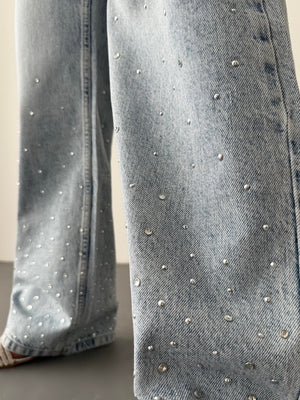 Yüksek Bel Bol Kesim Light Blue Taşlı Jean Pantolon