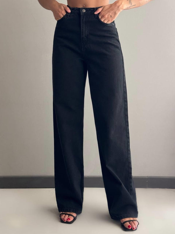 Yüksek Bel Rahat Kalıp Black Jean Pantolon