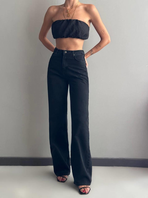 Yüksek Bel Rahat Kalıp Black Jean Pantolon