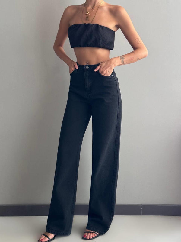 Yüksek Bel Rahat Kalıp Black Jean Pantolon