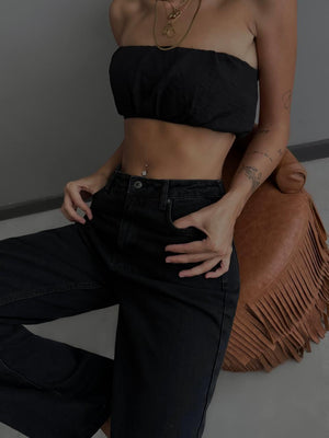Yüksek Bel Rahat Kalıp Black Jean Pantolon