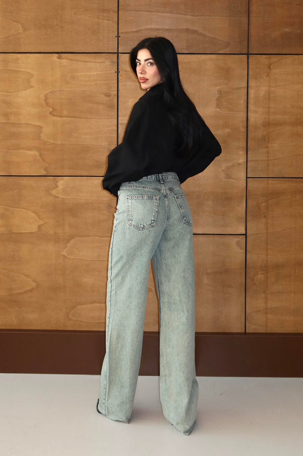 Yüksek Bel Boru Kalıp Lıght Green Jean Pantolon
