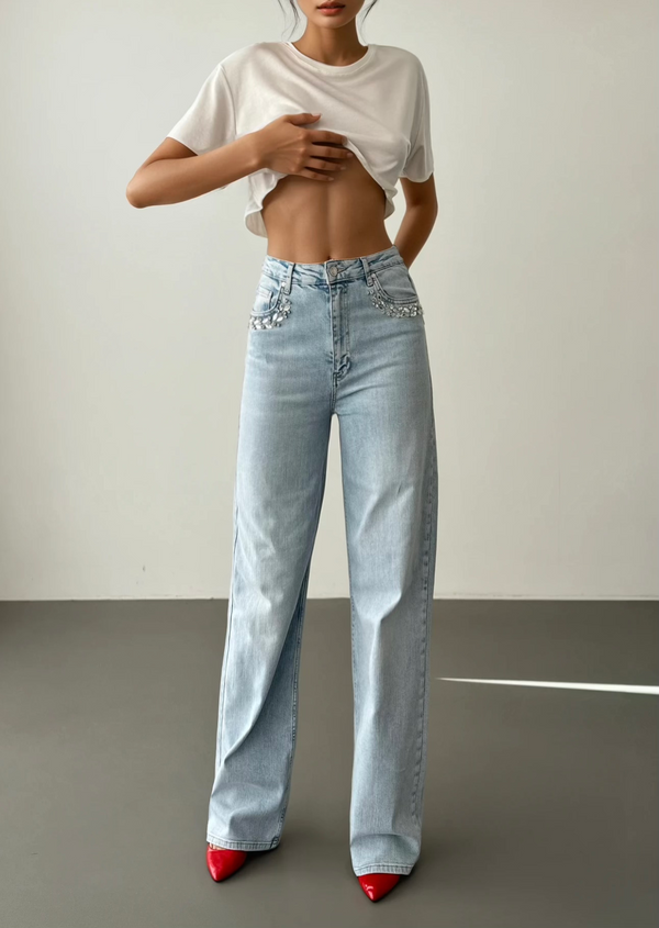 Yüksek Bel Cep Ön Cep Taş İşleme Detaylı Light Blue Jean Pantolon