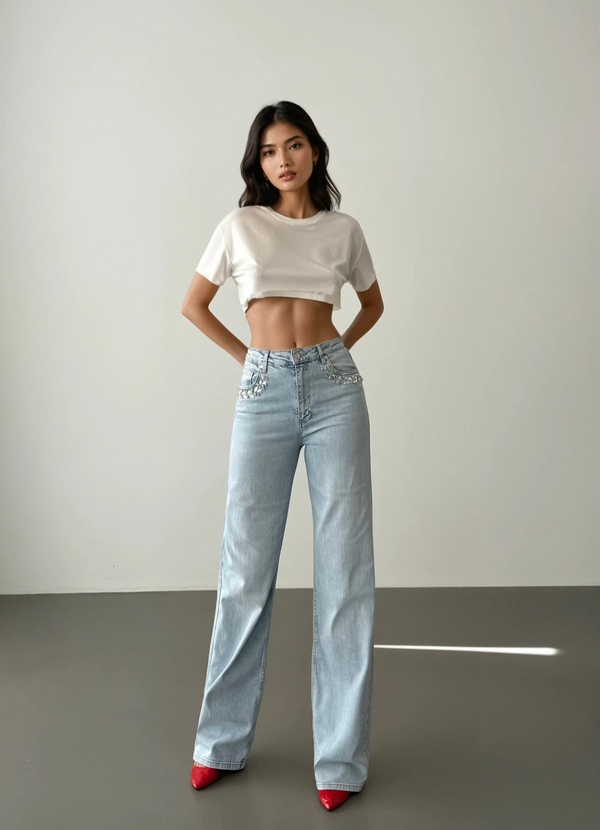 Yüksek Bel Cep Ön Cep Taş İşleme Detaylı Light Blue Jean Pantolon