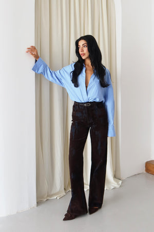 Yüksek Bel Flok Baskılı Denim Kahve Jean Pantolon