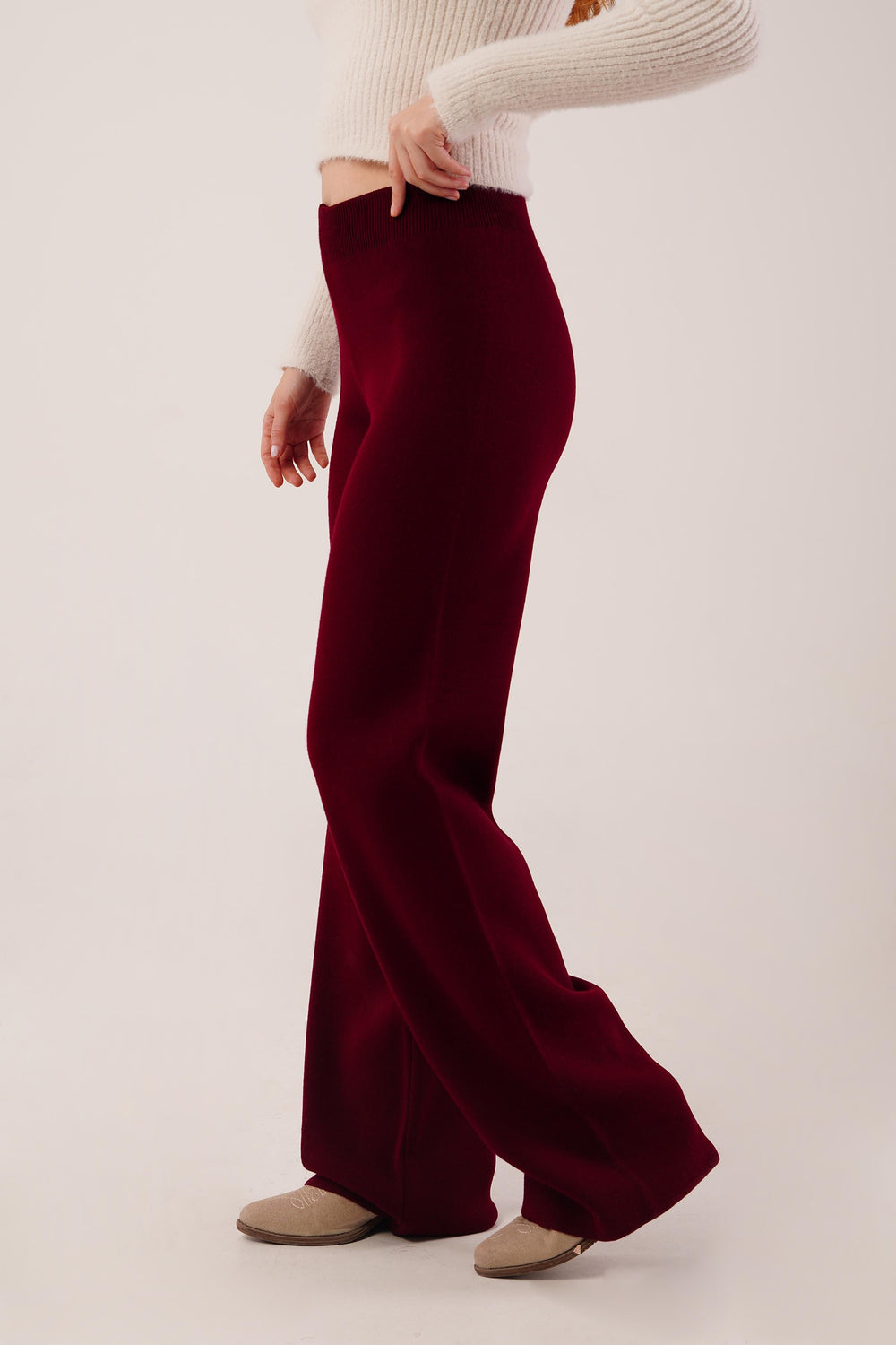 Yüksek Bel Bol Paça Bordo Toptan Triko Pantolon Bordo STD